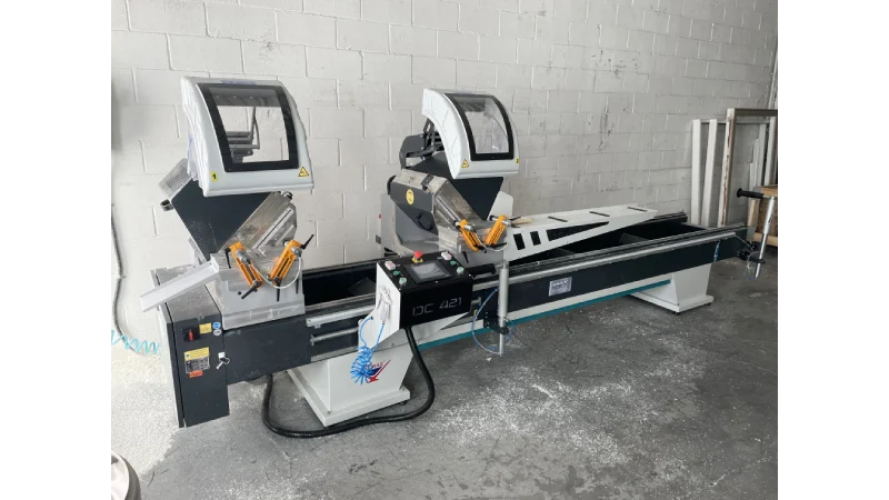 int machinery PVC vinyl double mitre saw yilmaz DC 421 PBS installation 3