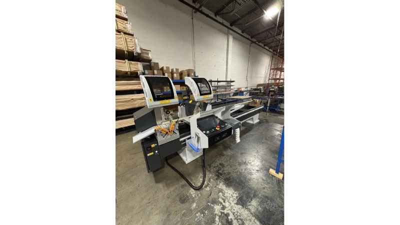 int machinery PVC vinyl double mitre saw yilmaz DC 421 PBS installation 2